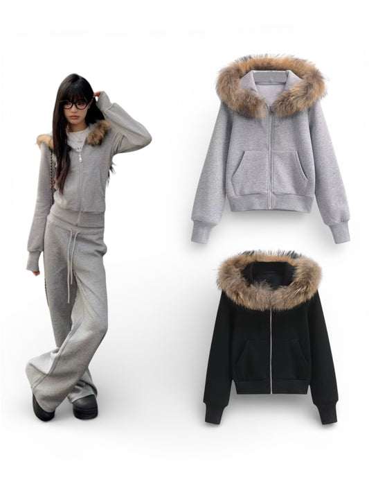 Fur Hooded Jogging Suit