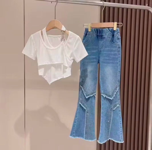 Studded wide leg Denim pants/Retro Top